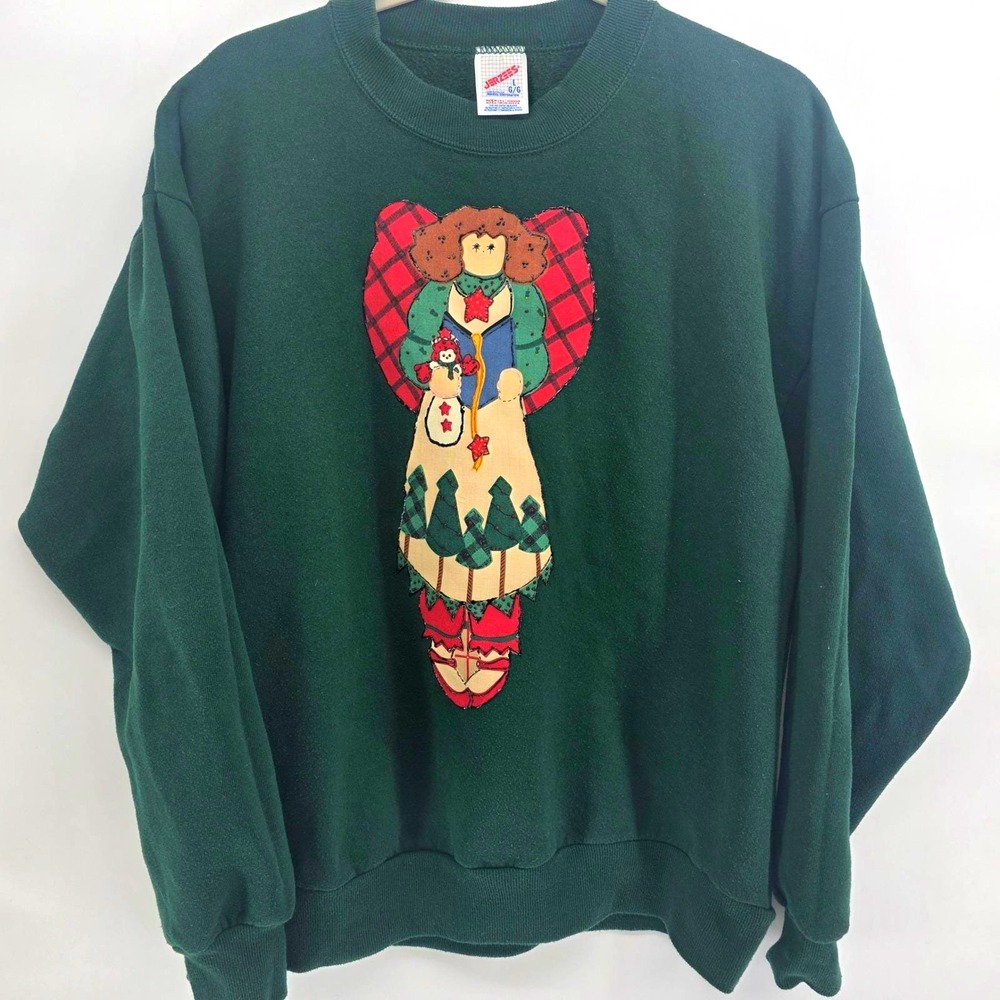 Jerzees Vintage 80s Christmas Angel Sweatshirt Green Crewneck L - Picture 1 of 8